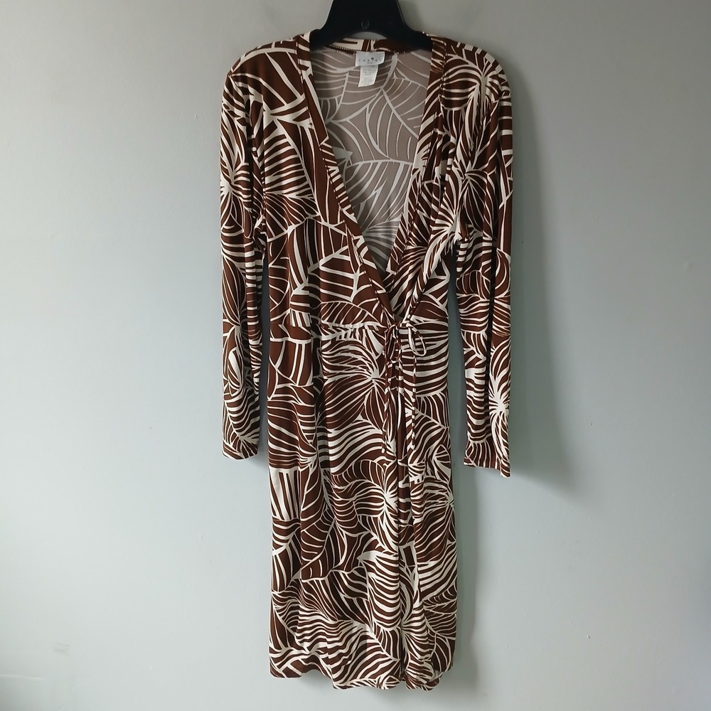 CARIBE USA Women's Size Large Brown White‎ Leaf Print Midi Wrap Dress Tie Waist